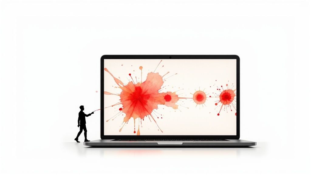 A small silhouette figure presenting red watercolor splatters on a laptop screen.