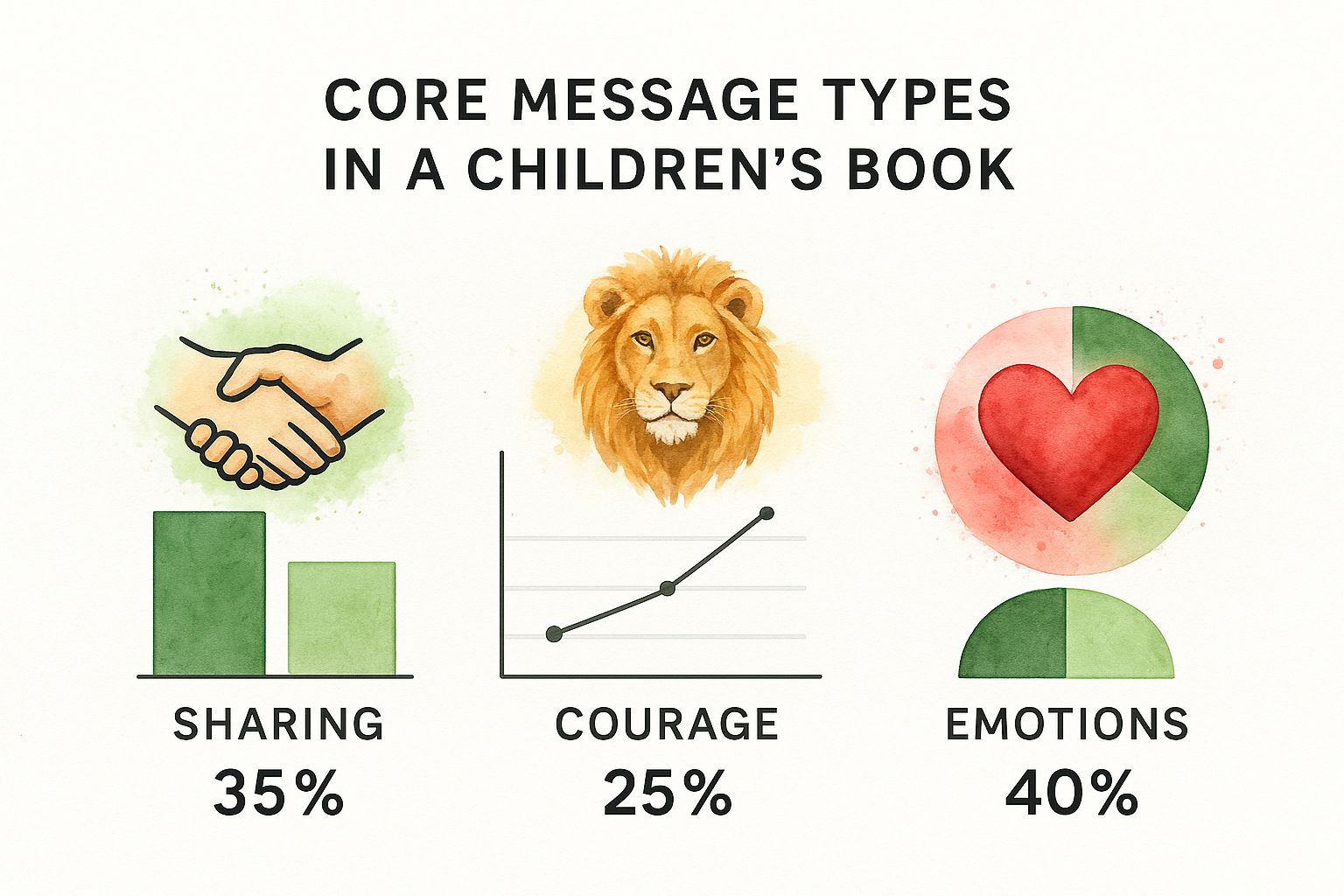 Infographic comparing the popularity of children's book themes: Sharing at 35%, Courage at 25%, and Emotions at 40%.
