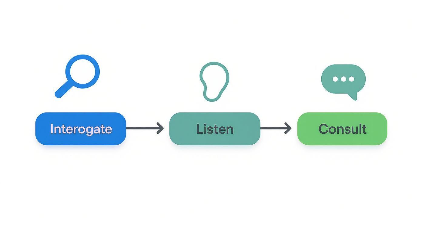 A three-step sales process flowchart showing Interrogate (magnifying glass), Listen (ear), and Consult (chat bubble).