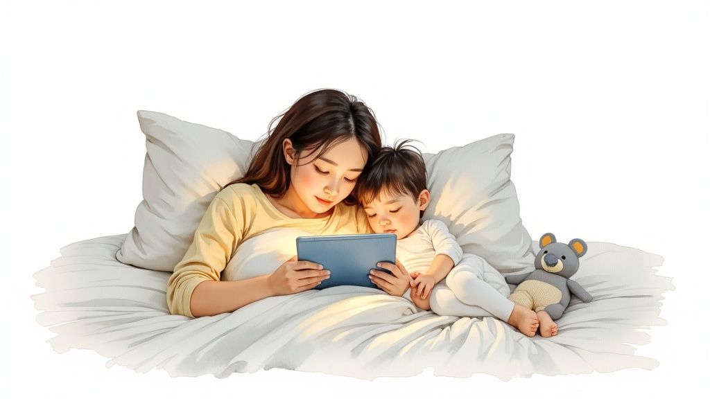 A mother and her child lie in bed, looking at a tablet together, with a teddy bear beside them.