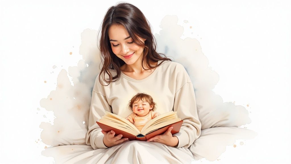 Smiling mother reading a personalized book with a happy baby's image on the pages.