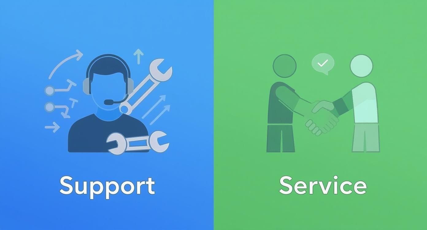 Side-by-side illustration distinguishing customer support with tools and customer service with a handshake.