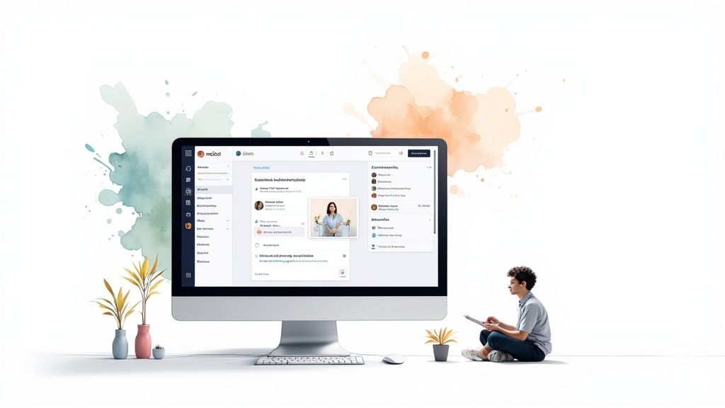 A person uses a tablet next to a desktop computer displaying a collaboration platform.