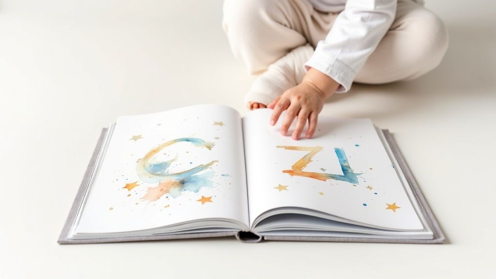 Child sitting cross-legged reading colorful personalized baby name book with watercolor letters and stars