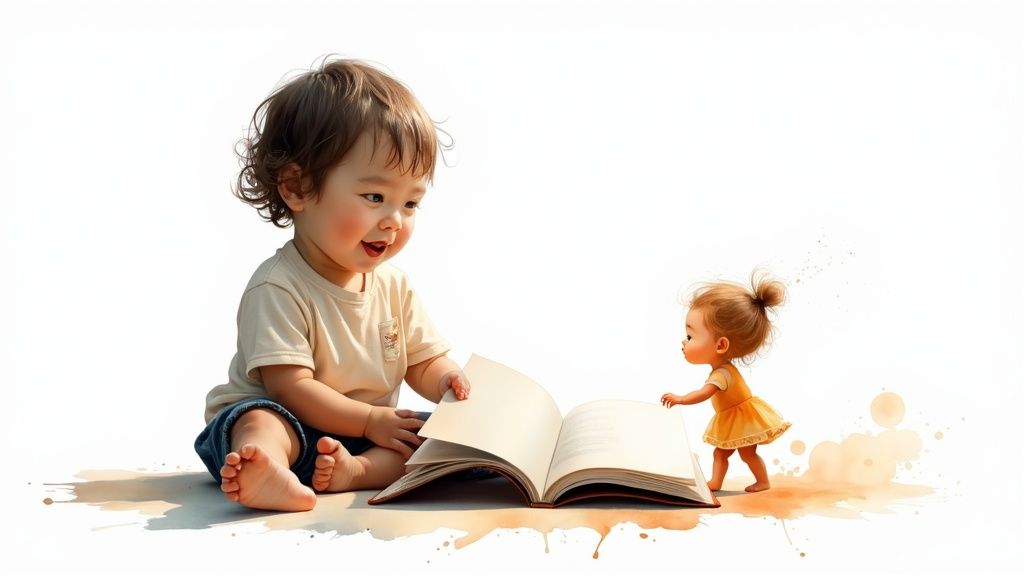 A young girl excitedly points to a personalized children's book featuring her own image.
