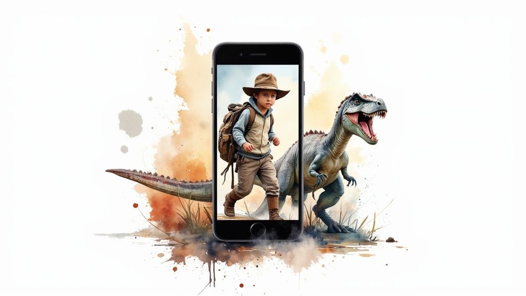 A child's face transformed into a storybook character next to a cartoon dinosaur.