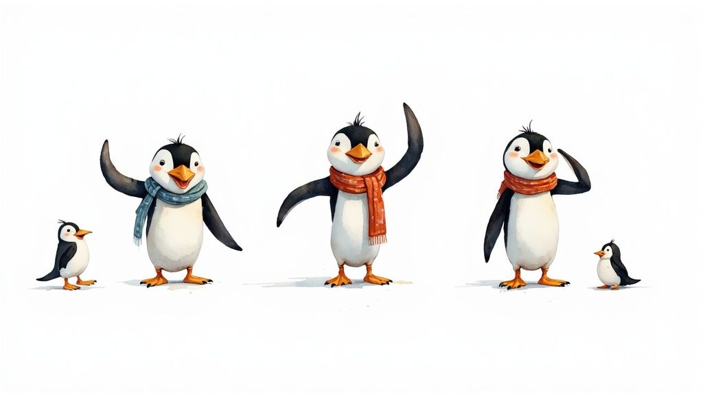 A visually consistent character shown in multiple storybook scenes