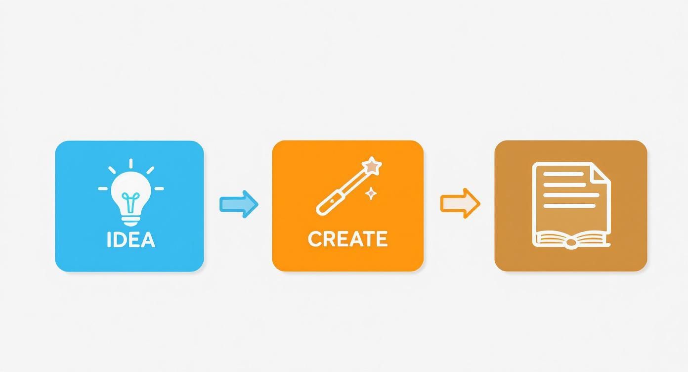 A flowchart illustrating the process from an idea (lightbulb) to creation (magic wand) and a finished story (book).