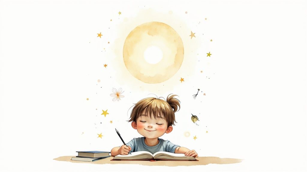 A child creatively writing in a notebook with glowing illustrations coming to life from the pages.