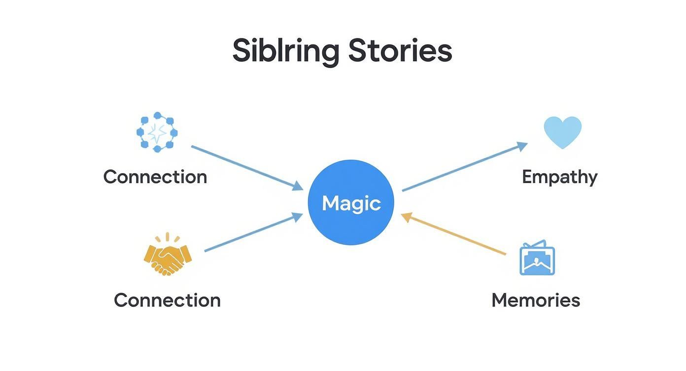 A diagram illustrating the elements that create magic and empathy in sibling stories, including connection and memories.