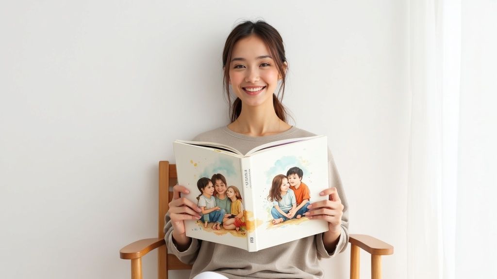 A mother and daughter reading a personalized book together on a couch