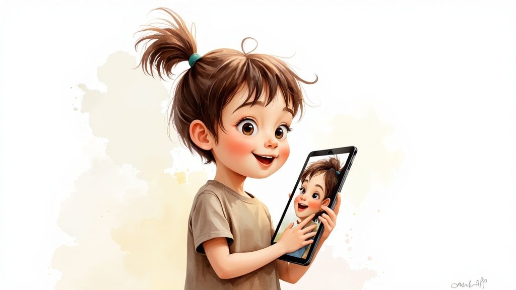 Child using a tablet to read a personalized, illustrated story.