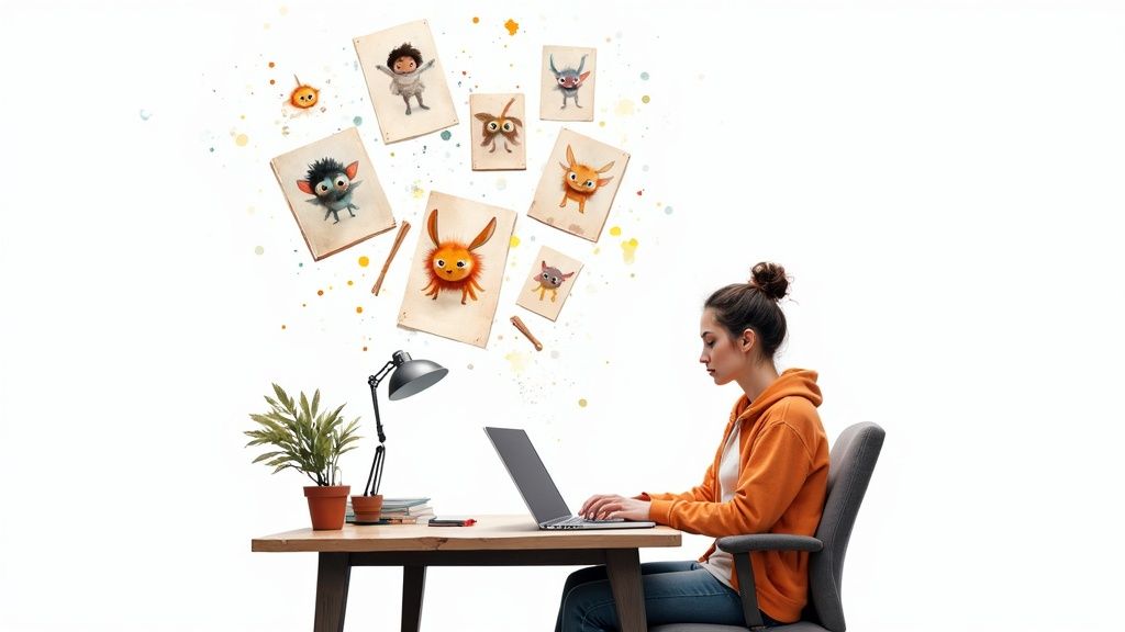 A child's hand pointing at a tablet screen displaying a colorful, AI-generated storybook illustration, with a friendly character smiling back.