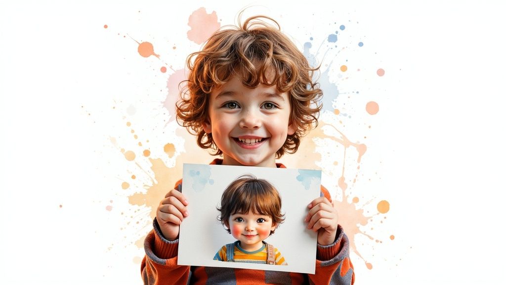 A young girl excitedly pointing to a character in a storybook that looks just like her
