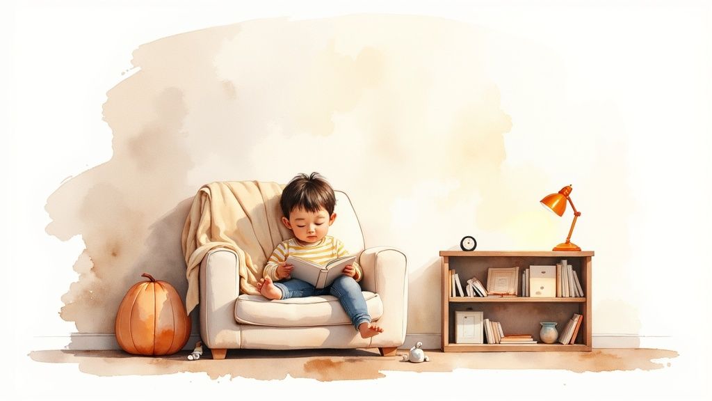 A cozy and inviting reading nook with soft lighting and comfortable pillows.