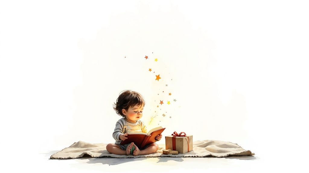 A cute baby sitting on a blanket, engrossed in reading a magical book with stars floating up.