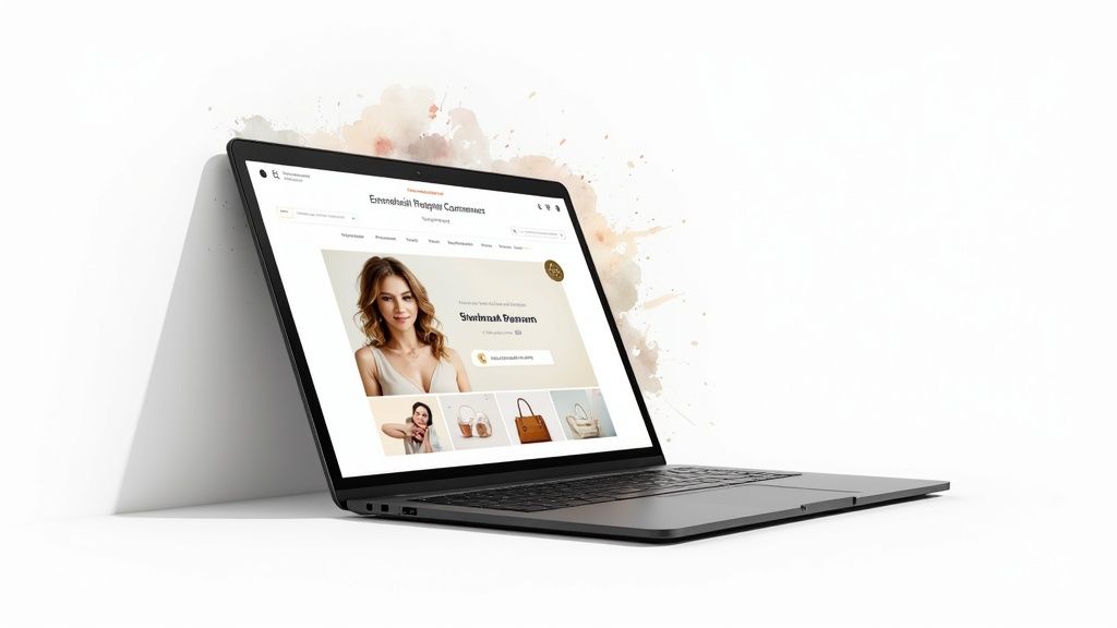A modern black laptop displaying an e-commerce website with a woman's portrait and product recommendations.