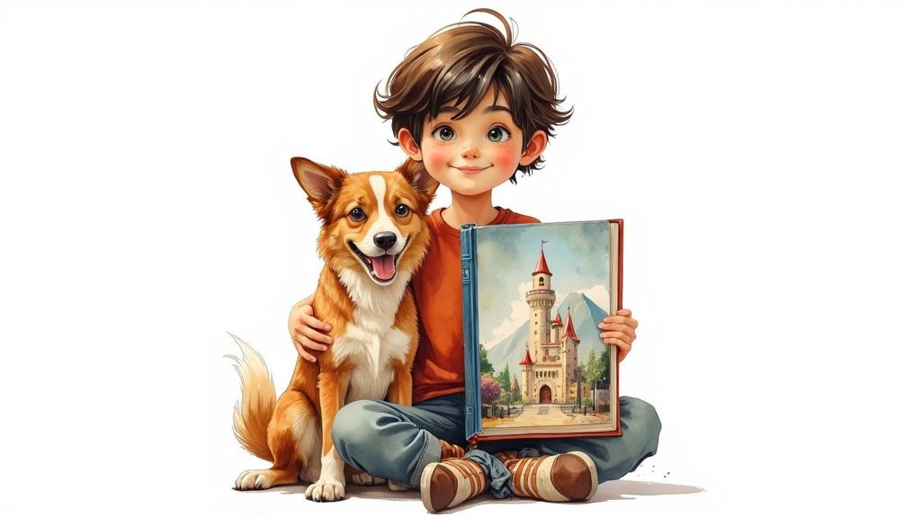 A young girl smiling as she holds a beautifully illustrated hardback book that features her as the main character.