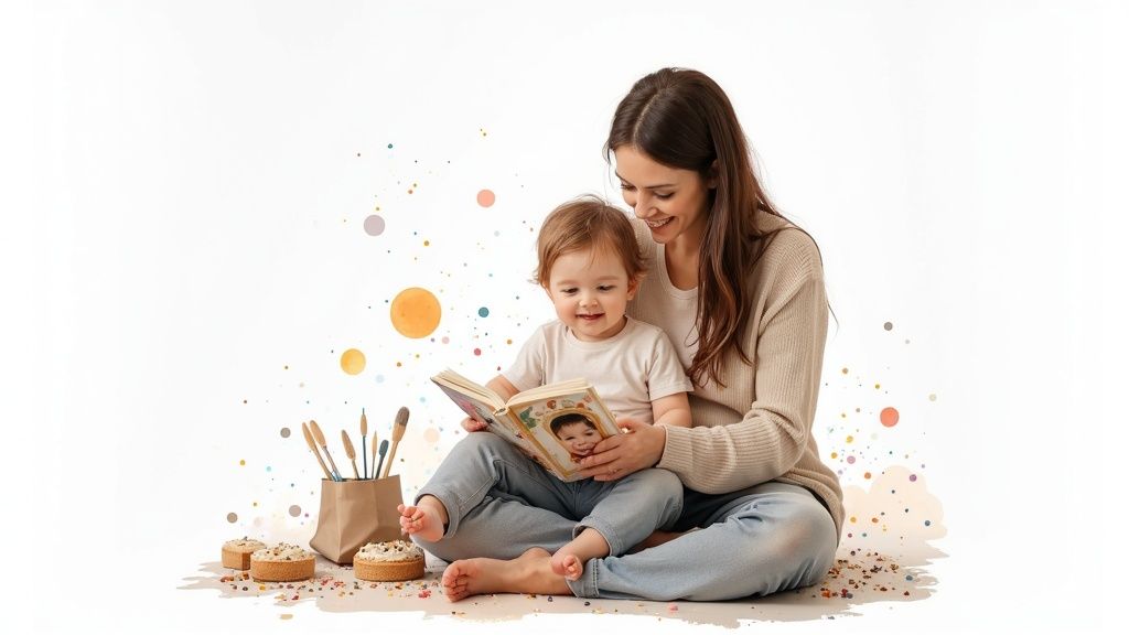 Happy mom and baby read a customized first birthday book with colorful confetti.