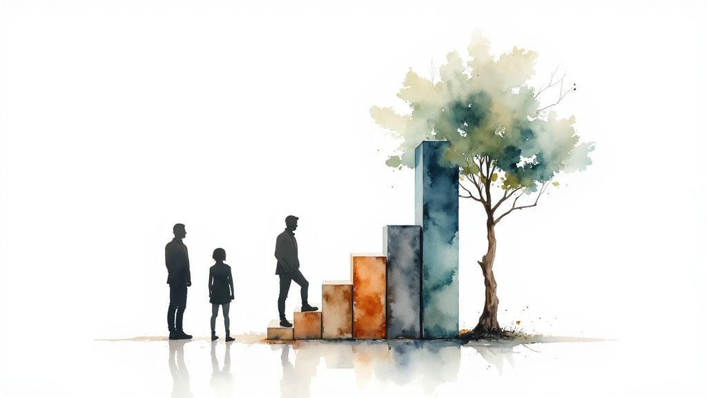 Watercolor illustration showing business growth with ascending bar chart and tree symbolizing sustainable development