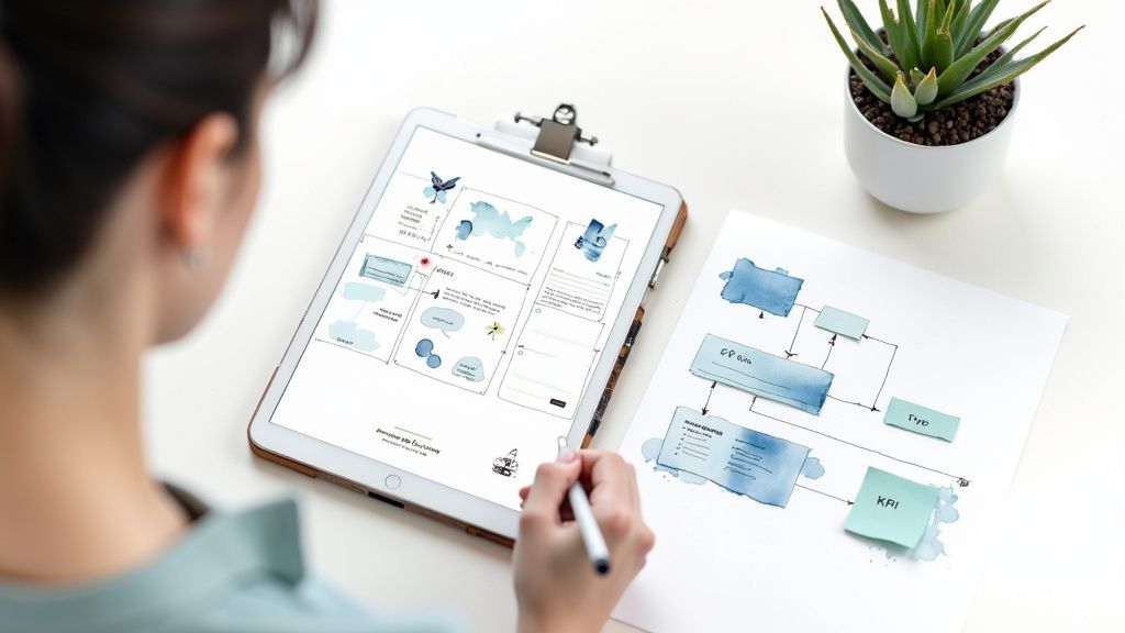 Over-the-shoulder view of a person designing a chatbot interface on a tablet with a stylus, next to a flowchart.