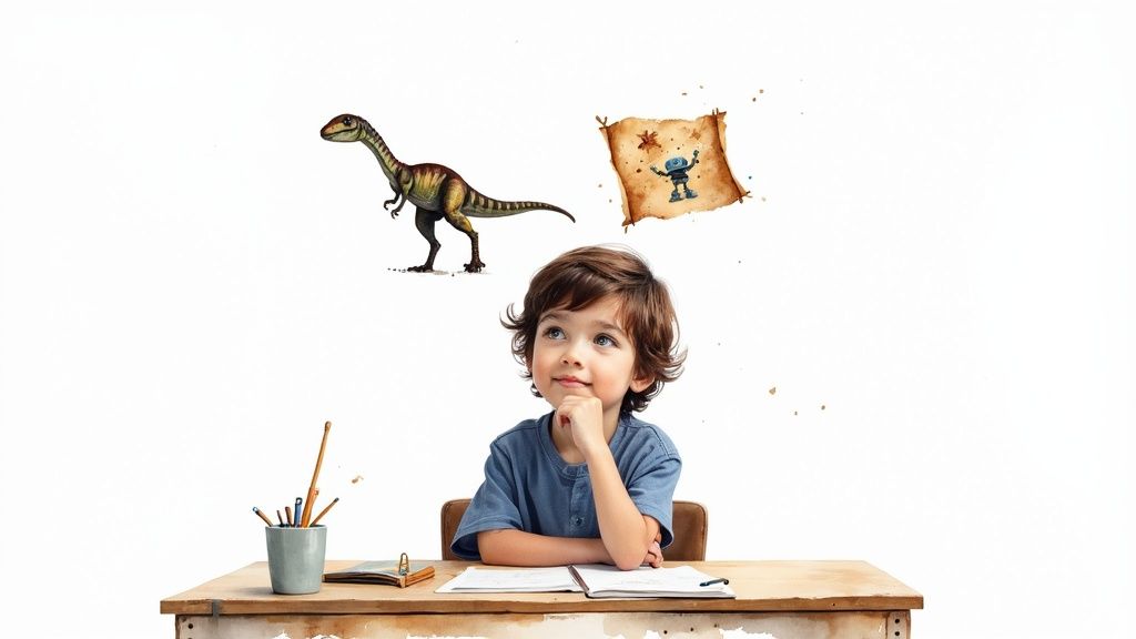 A child's drawing of a fantastical adventure with dinosaurs and robots