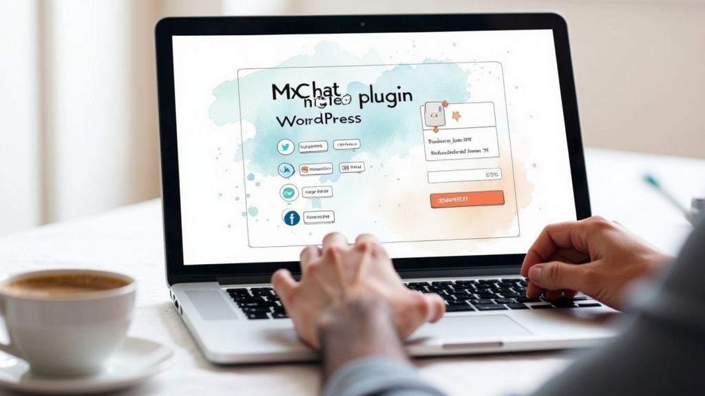 A clean, modern computer setup with a WordPress dashboard visible on the screen, indicating a focus on website management and setup.