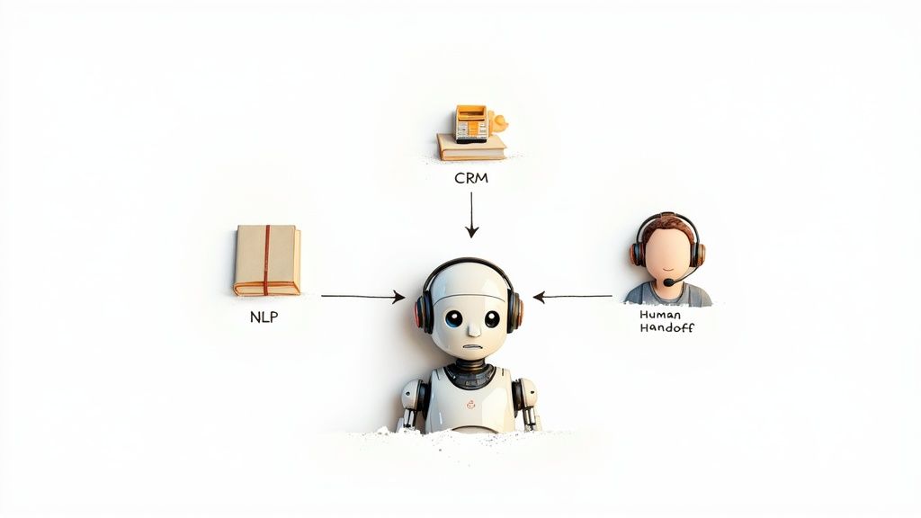 A checklist and a magnifying glass over a computer screen, symbolizing the evaluation of chatbot features.