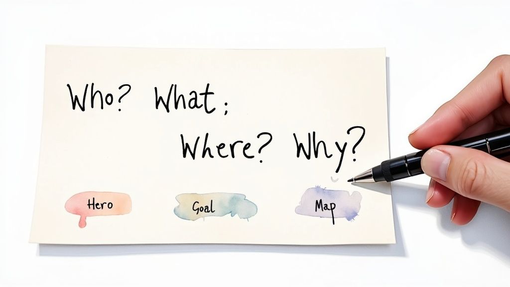 A hand writes "Who? What; Where? Why?" on a paper with "Hero, Goal, Map" below.