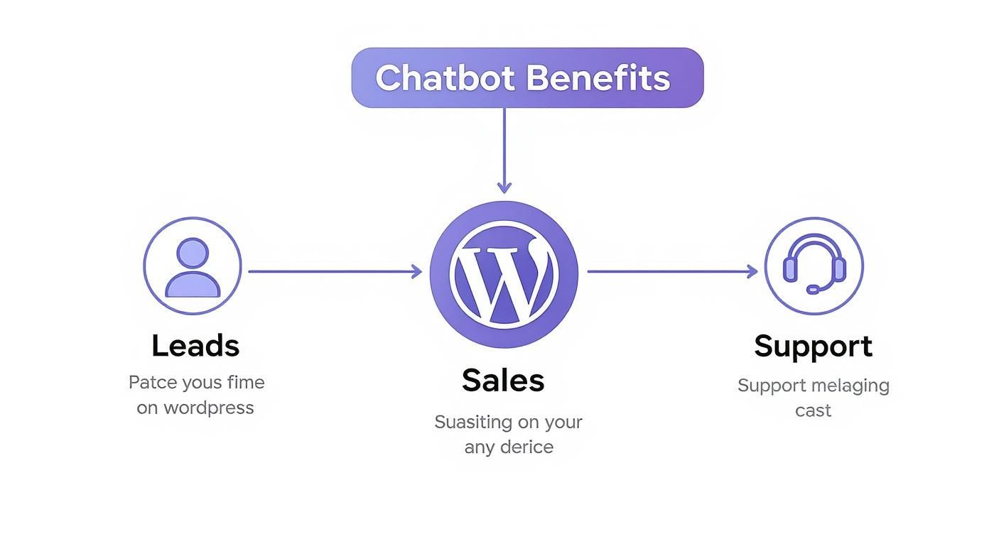 A diagram illustrating the benefits of chatbots for WordPress, enhancing leads, sales, and customer support.
