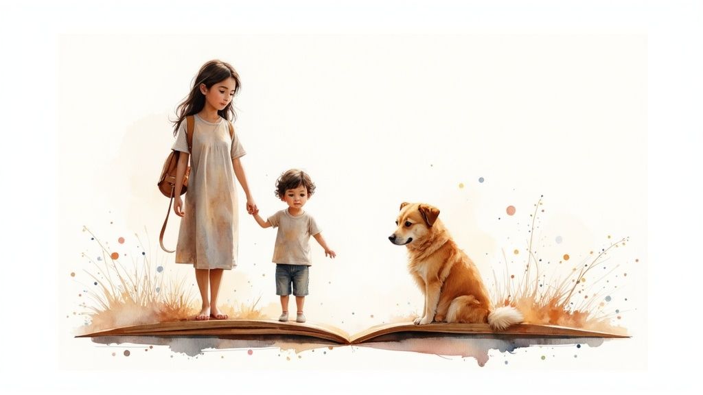 A girl with a backpack holding a boy's hand, standing on an open book with a dog.