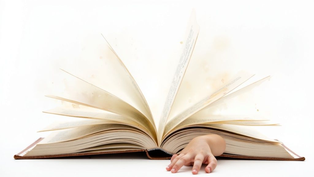 A beautifully illustrated hardback book created with a social stories creator, open on a table.