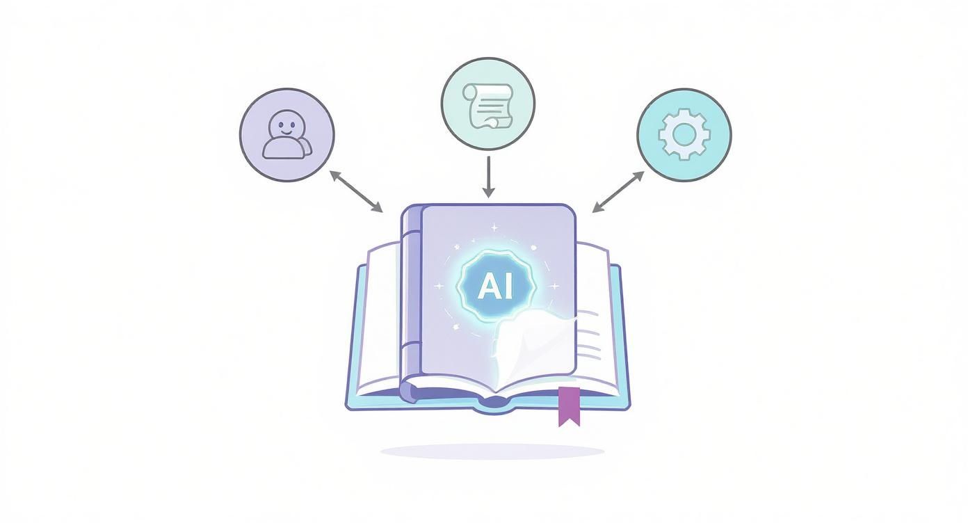 An open AI book central to a diagram with user, document, and settings icons, showing interactive processing.