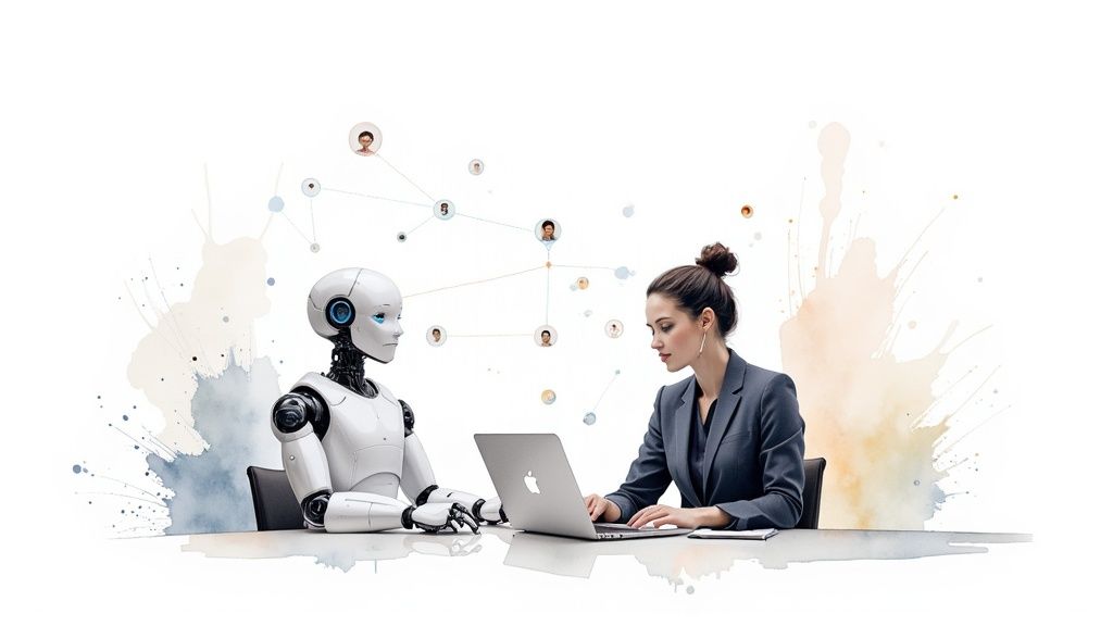 Robot and human interaction in customer service, with a digital network overlay.
