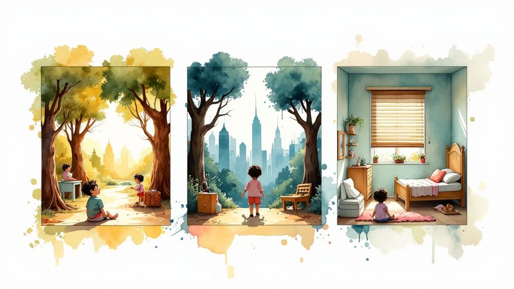 Several art style options for a storybook displayed on a tablet screen