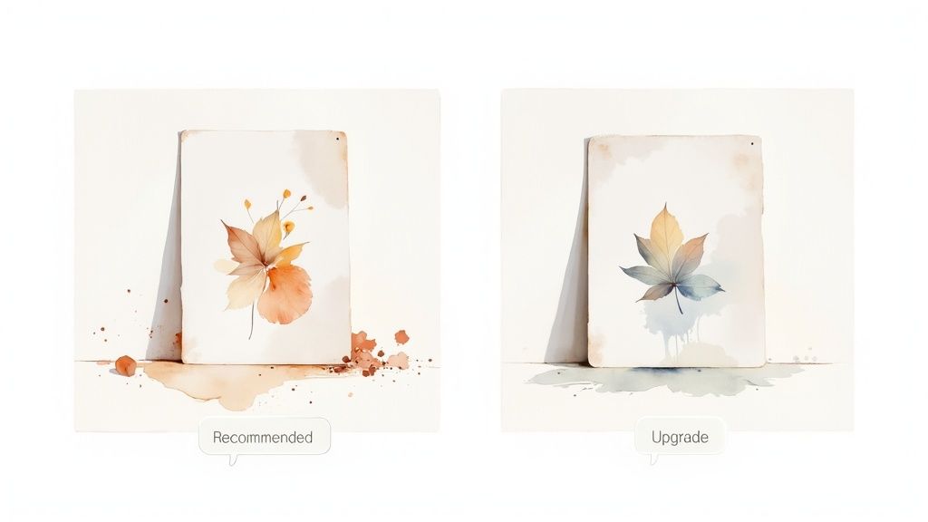 Two watercolor paintings of autumn leaves, one warm-toned, labeled 'Recommended', and one cool-toned, labeled 'Upgrade'.