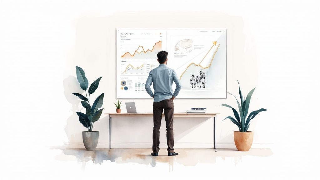 A man observes a large screen displaying AI-powered data analytics and business growth charts.