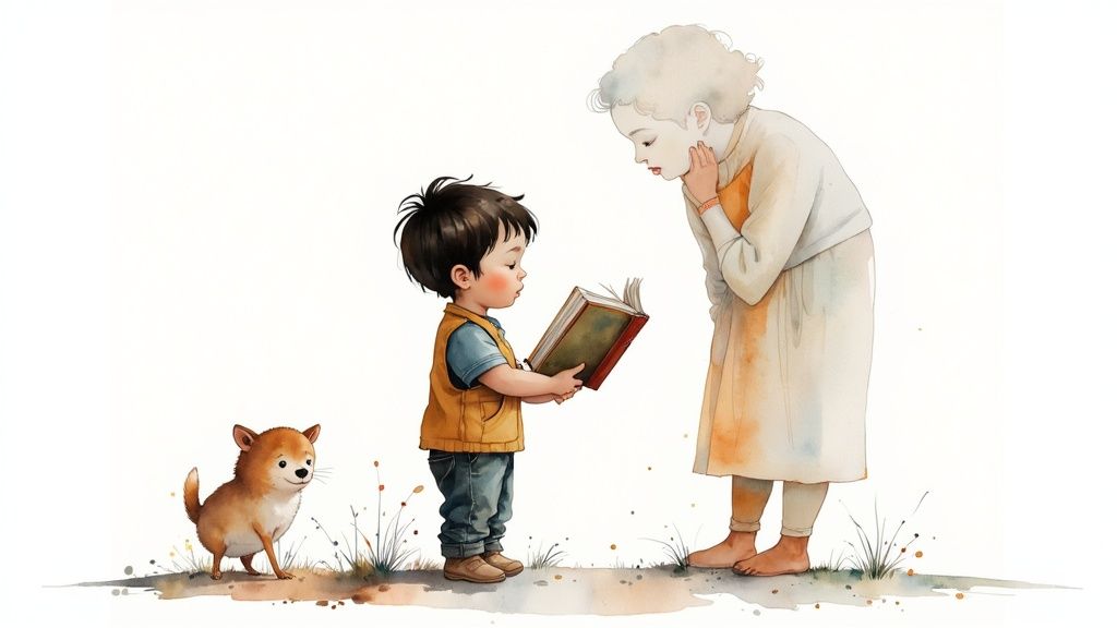 A child happily reading a personalized book created with a social stories creator