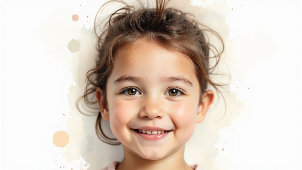 A happy child poses for a clear, well-lit photo against a simple background.