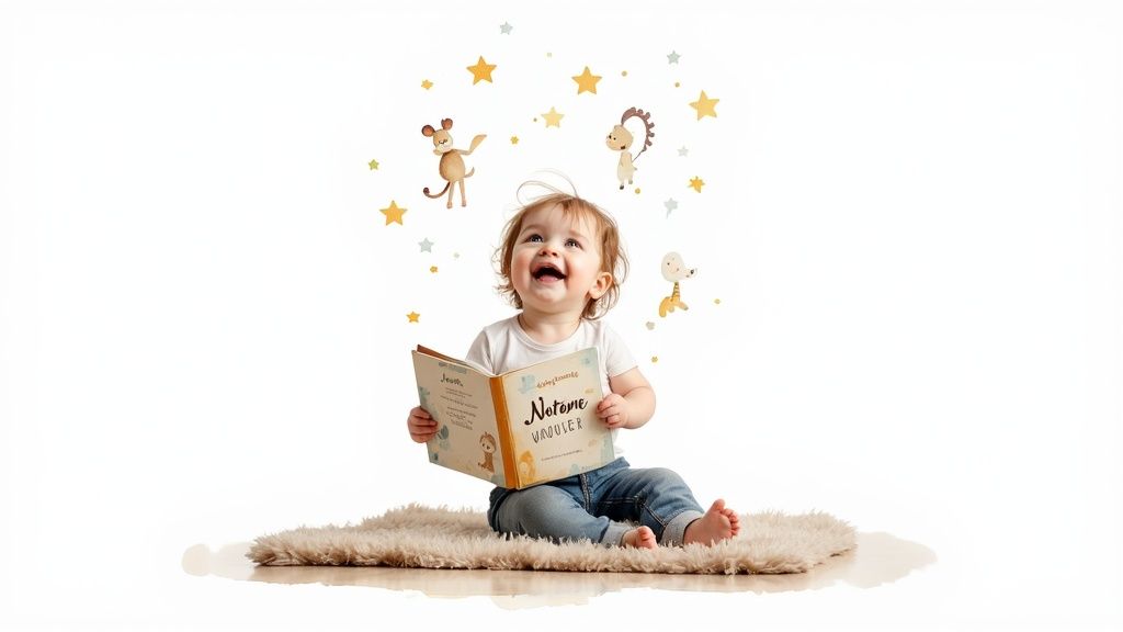 A mother and daughter happily reading a personalized book together.