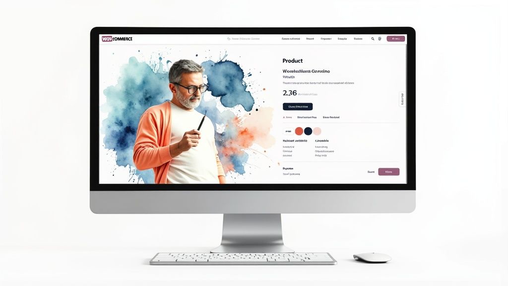 A user interface showing chatbot customization options like color palettes and logo uploads, signifying brand alignment for a chatbot for WooCommerce.
