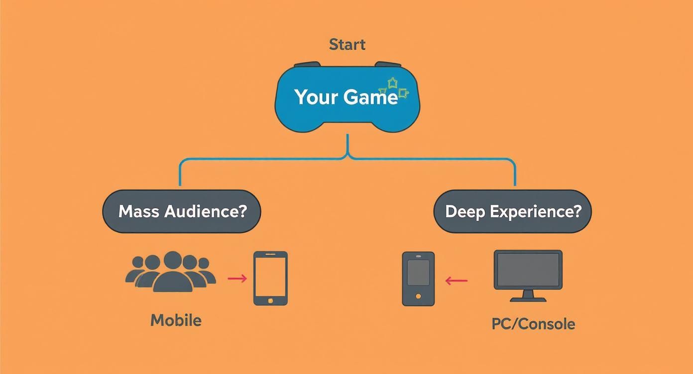 Game development decision flowchart showing mass audience mobile versus deep experience PC console platforms