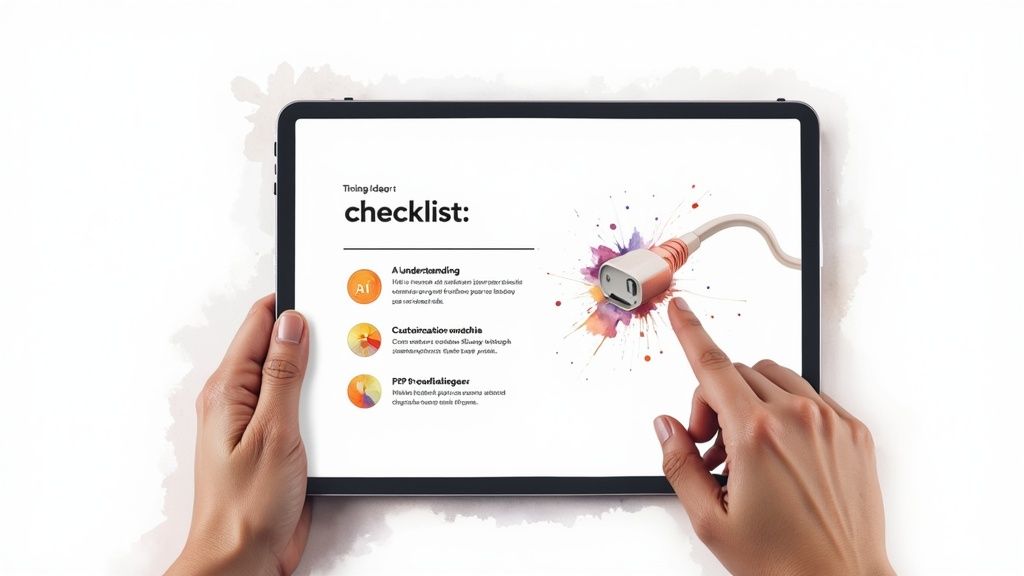 Hands interacting with a tablet displaying a checklist and a colorful power plug illustration.