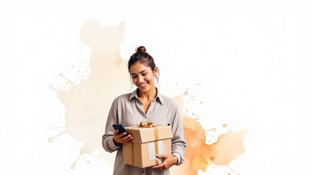 Smiling customer interacting with an ecommerce brand on a tablet.