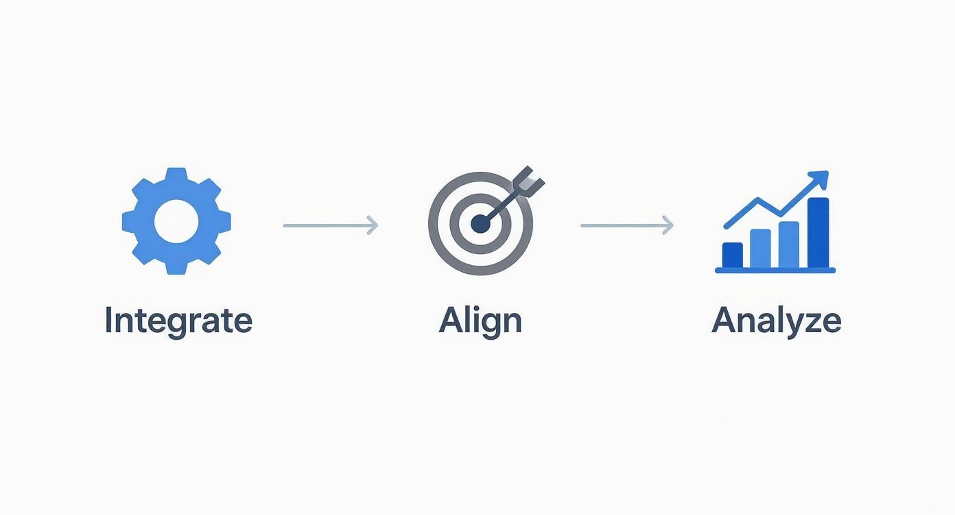 A visual flowchart outlining a three-step process: integrate (gear), align (target), and analyze (chart).