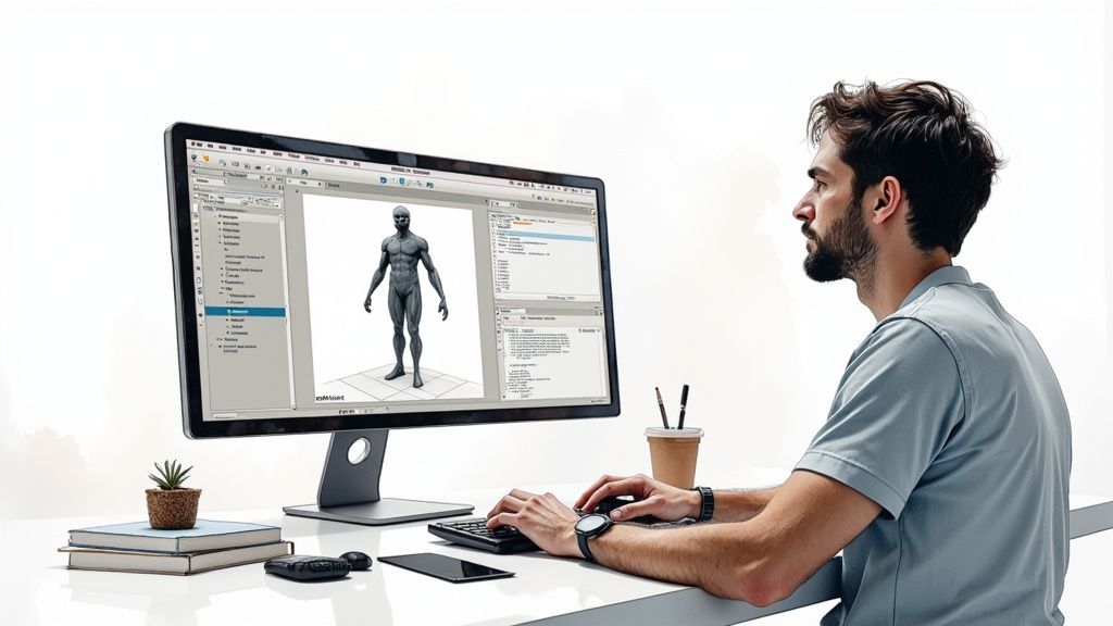 A male designer creating a 3D human model using advanced video game creation software.