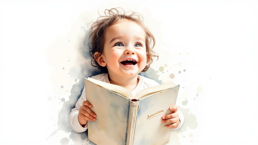 Happy toddler smiling while holding open personalized name book looking up with joy