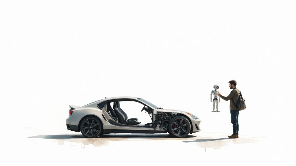 A man interacts with a small robot beside a partially disassembled car on a white background.