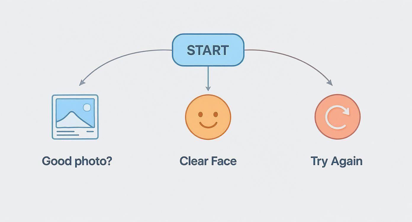 Flowchart illustrating a photo validation process with 'START' leading to 'Good photo?', 'Clear Face', or 'Try Again'.