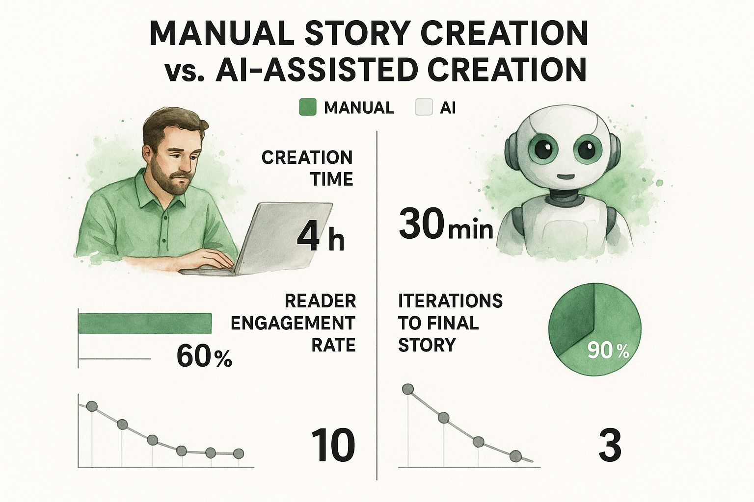 Infographic comparing manual vs. AI-assisted story creation across time, engagement, and iterations.